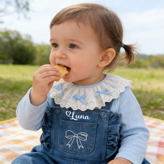 Personalized Baby Girl Lace Collar Top & Denim Overalls Set| Pants36