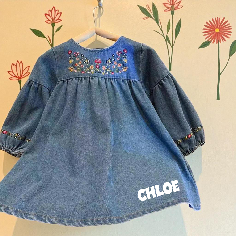Personalized Girl Embroidered Denim Floral  Dress| Dress68