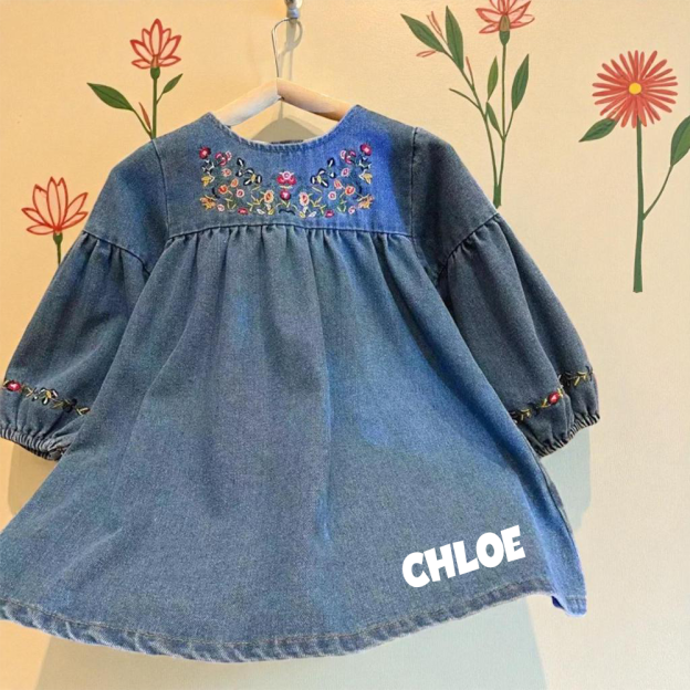 Personalized Girl Embroidered Denim Floral  Dress| Dress68