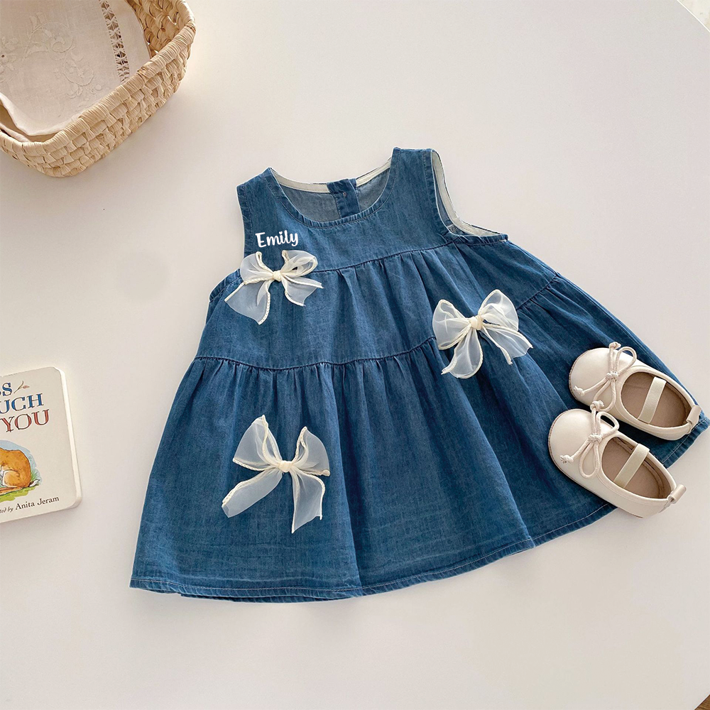 Personalized Girl Summer Bow Sleeveless Denim Dress| Dress71