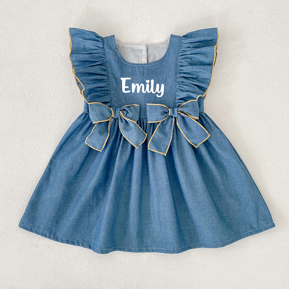 Personalized Girl Ruffle Shoulder Denim Dress| Dress74