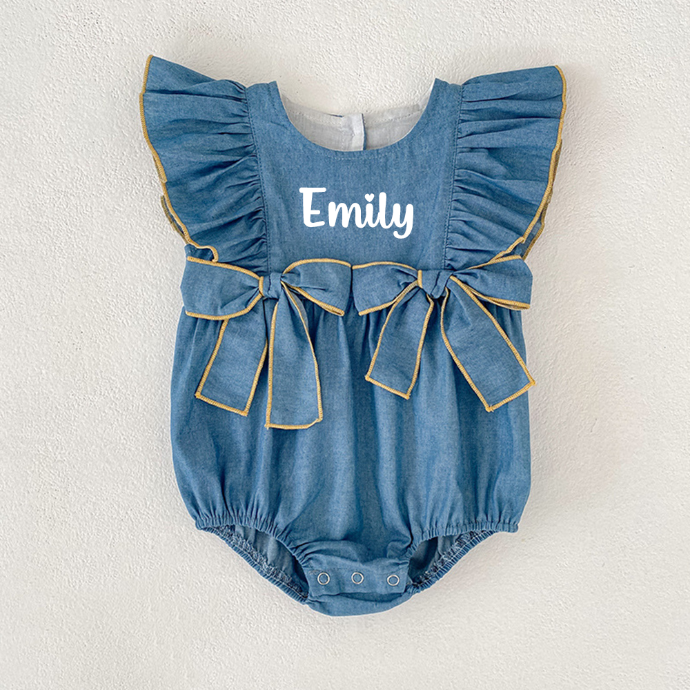Personalized Baby Girl Ruffle Shoulder Denim Romper| BBcloth123