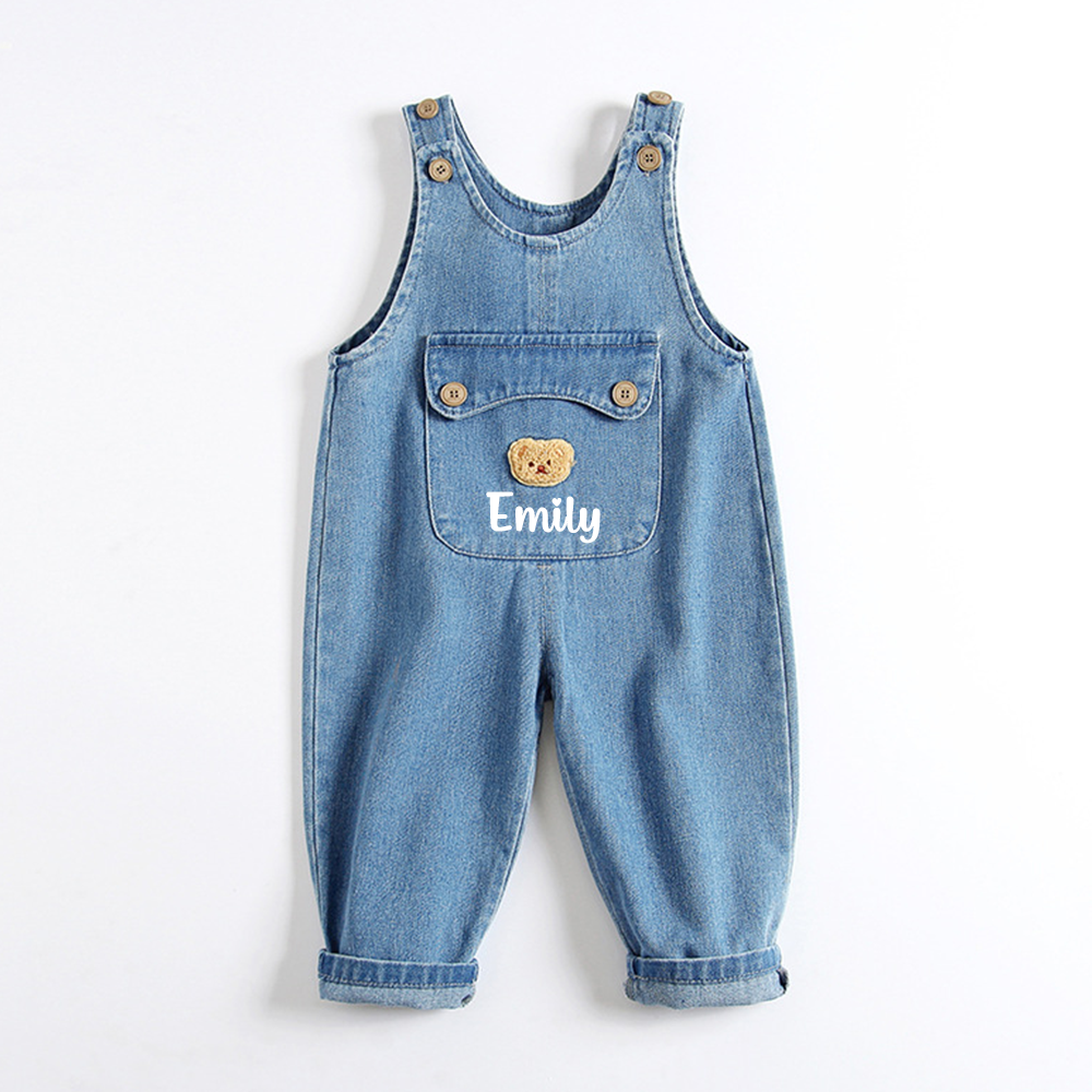 Personalized Kids Bear Patch Denim Overalls Set| Pants46