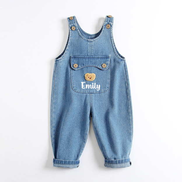 Personalized Kids Bear Patch Denim Overalls Set| Pants46