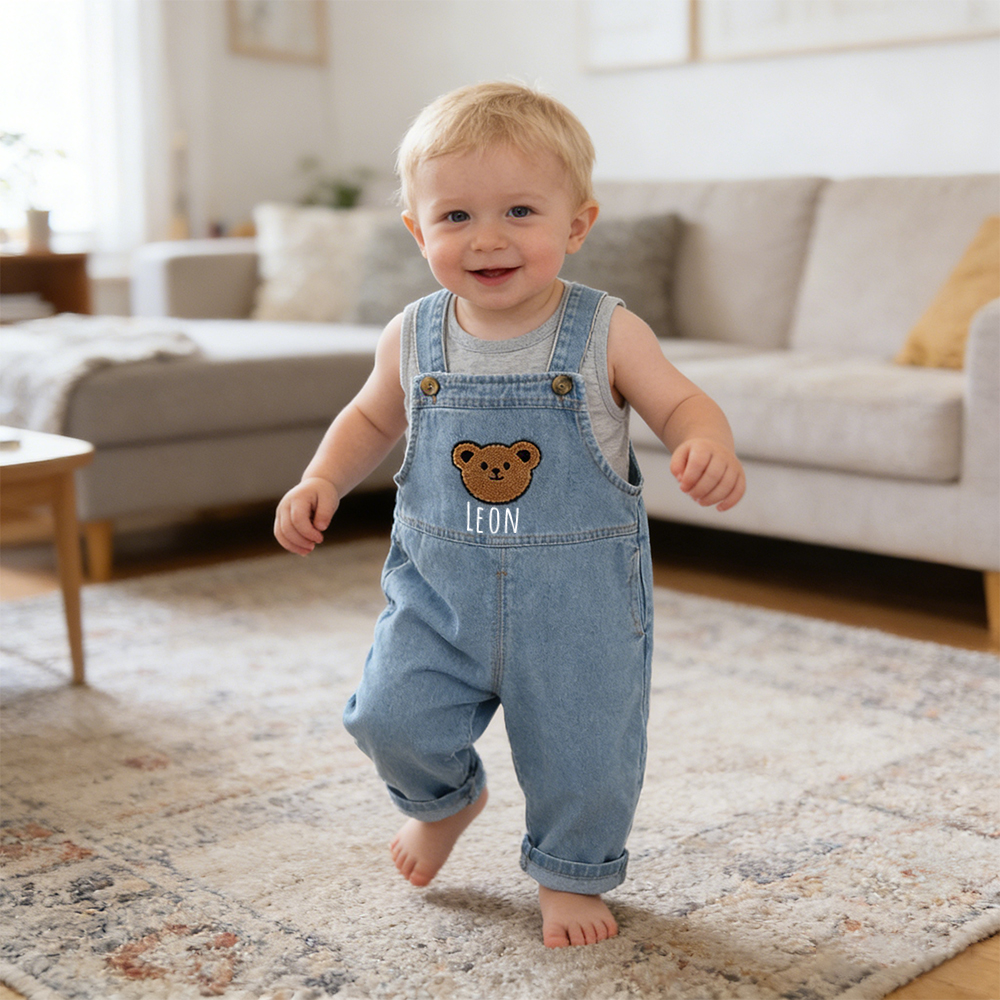 Personalized Kids Bear Patch Denim Overalls| Pants47