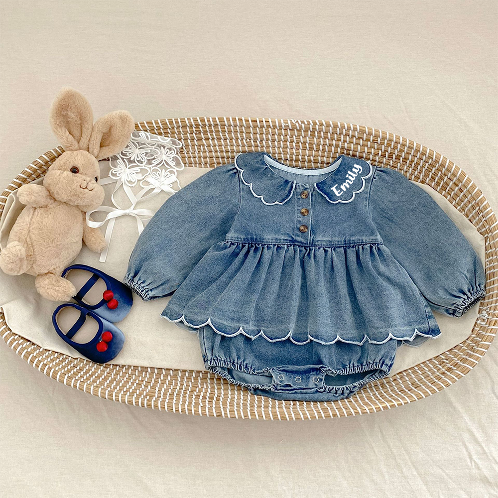 Personalized Baby Girl Ruffled Denim Bubble Romper| BBcloth130