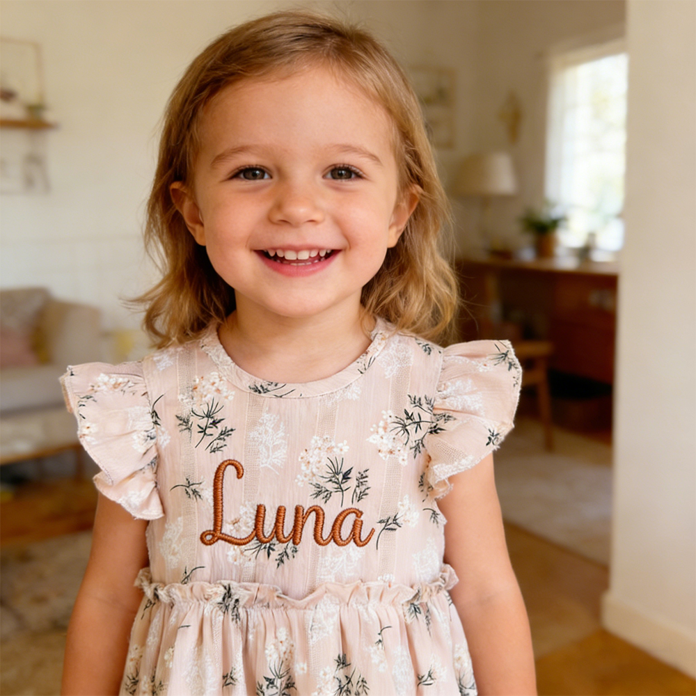 Personalized Girl Embroidered Name Floral Dress With Bow| Dress80