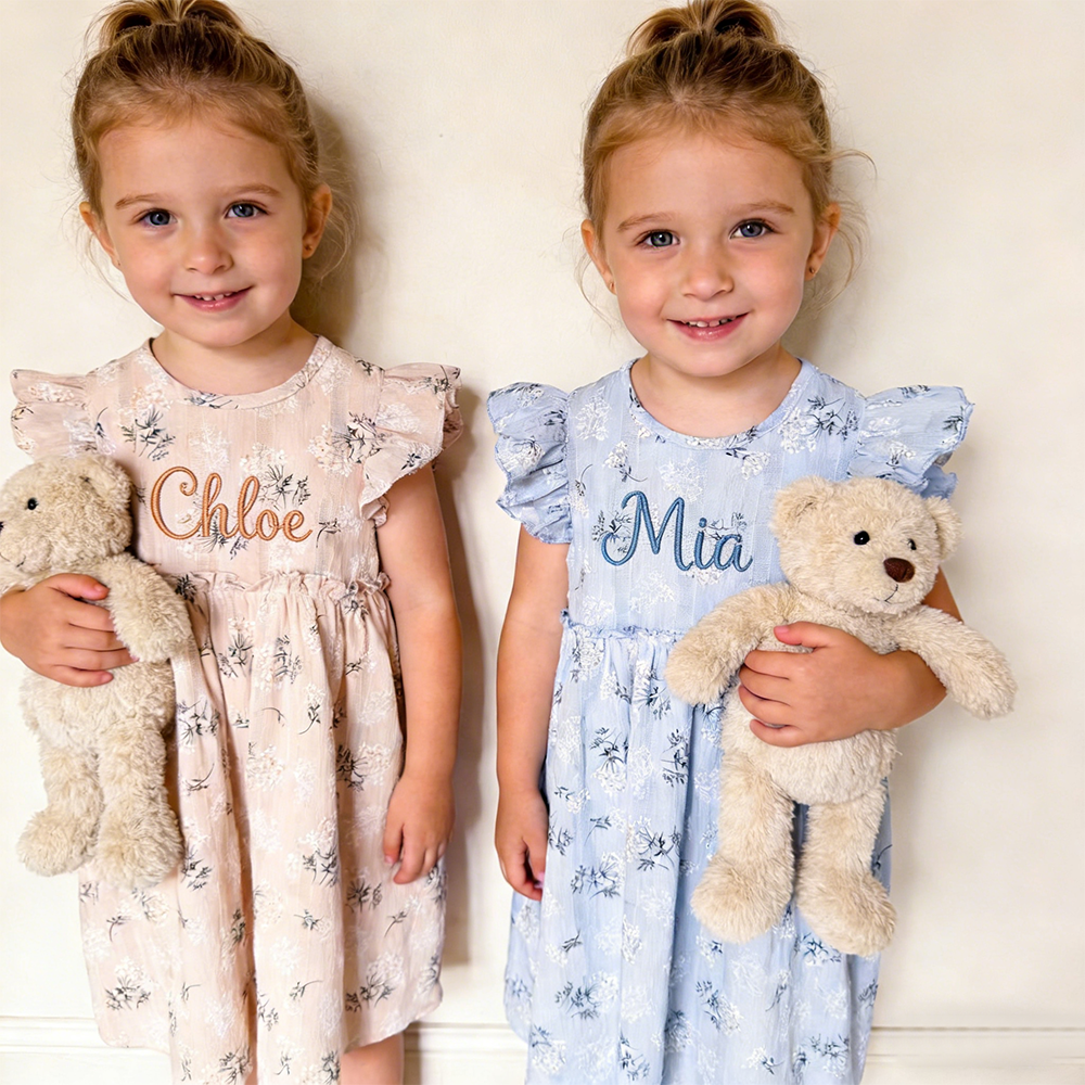 Personalized Girl Embroidered Name Floral Dress With Bow| Dress80