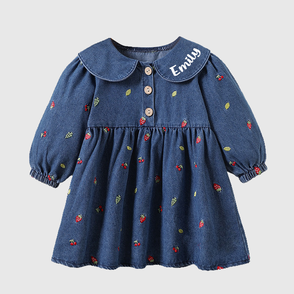 Personalized Girl Fruit Embroidered Denim Dress| Dress82