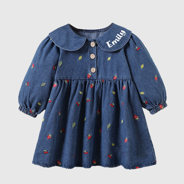 Personalized Girl Fruit Embroidered Denim Dress| Dress82
