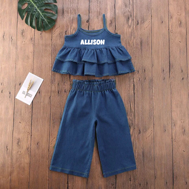 Personalized Girl Sleeveless Ruffle Denim Two-Piece Outfit| Cloth270