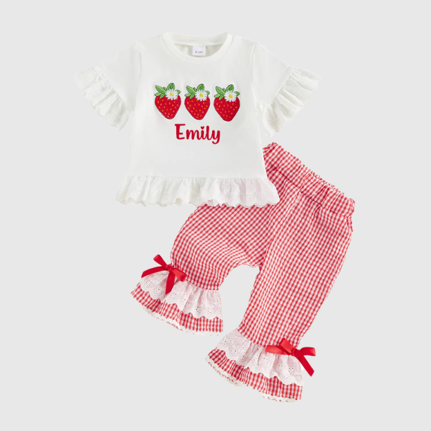 Personalized Girl Strawberry Embroidered Gingham Ruffle Set| Cloth272
