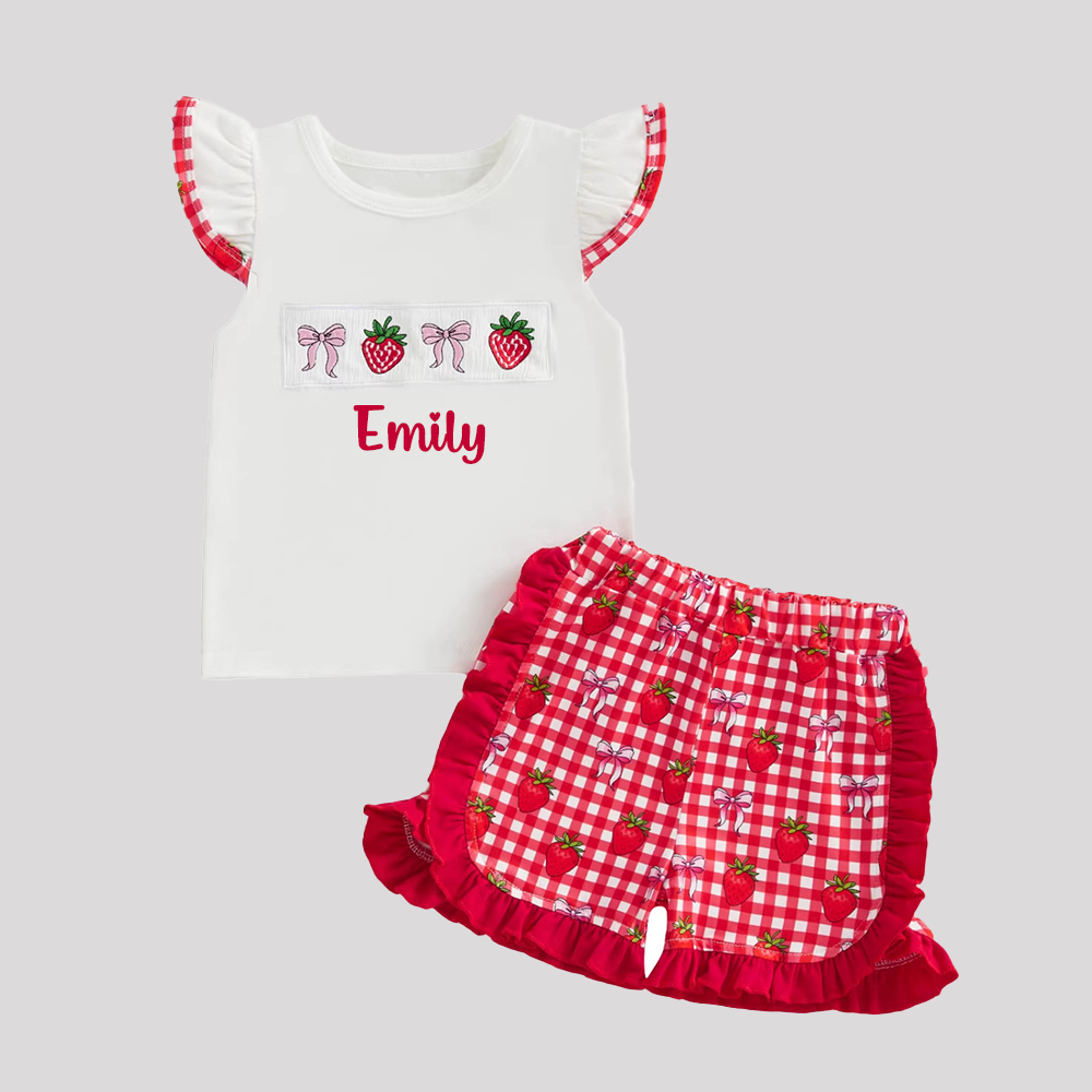 Personalized Girl Strawberry Ruffle Sleeve Top & Shorts Set| Cloth273