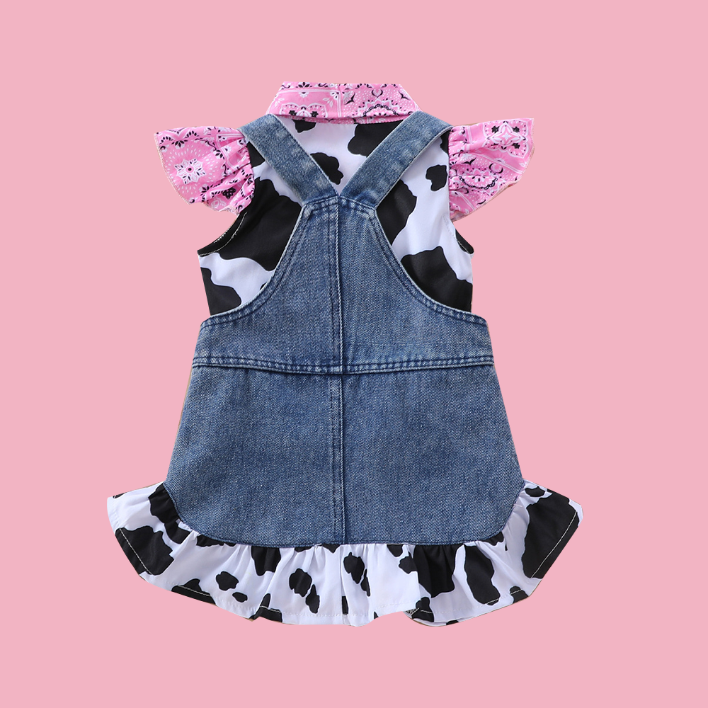 Personalized Baby Girl Cow Print Denim Overall Dress Set| BBcloth132