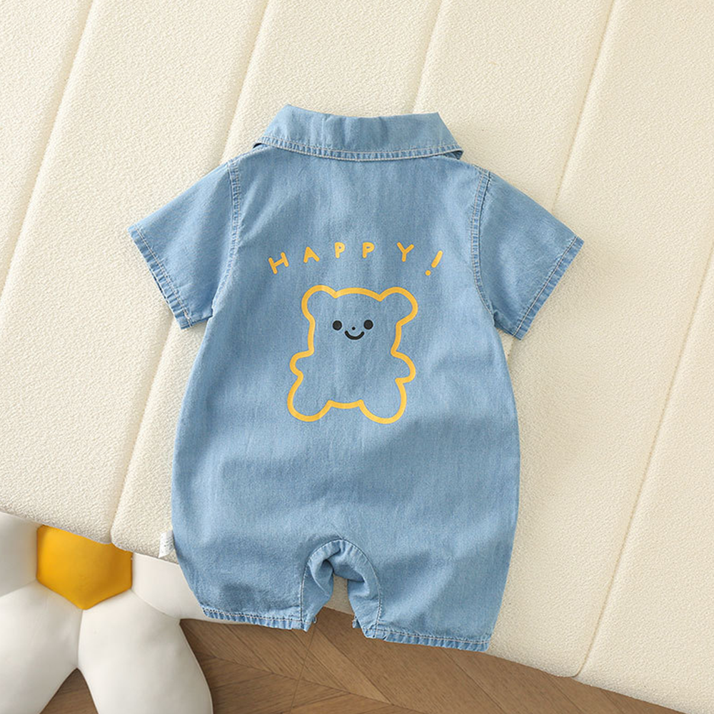 Personalized Baby Bear Print Denim Romper| BBcloth133