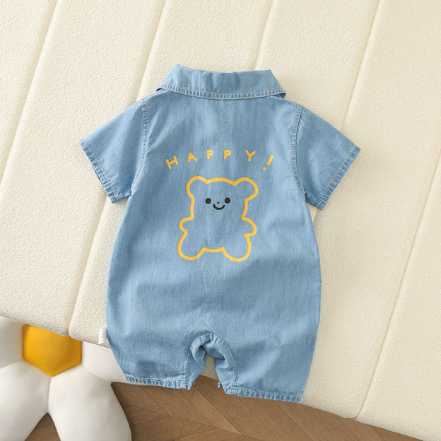 Personalized Baby Bear Print Denim Romper| BBcloth133