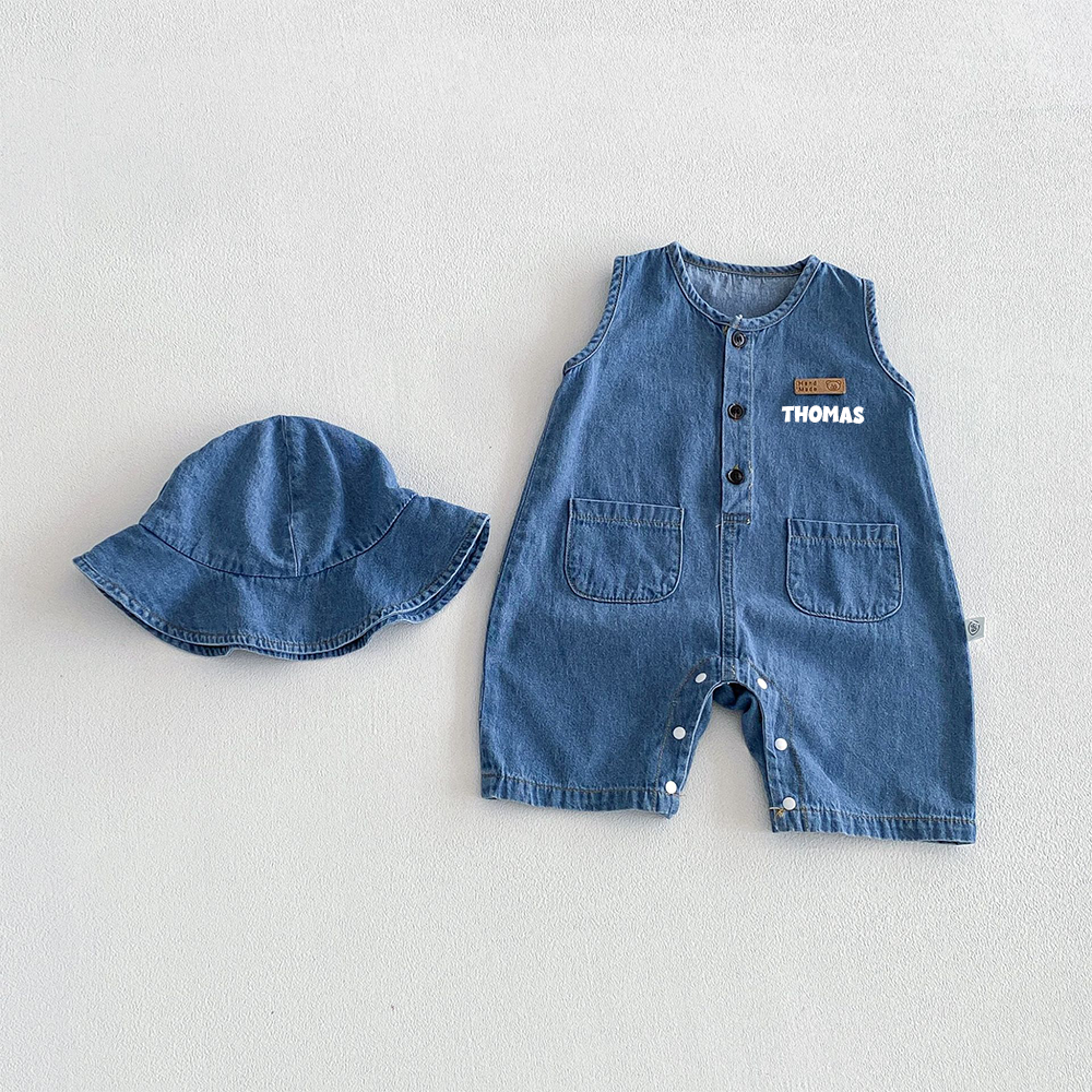 Personalized Baby Denim Jumpsuit & Sun Hat Set| Pants56