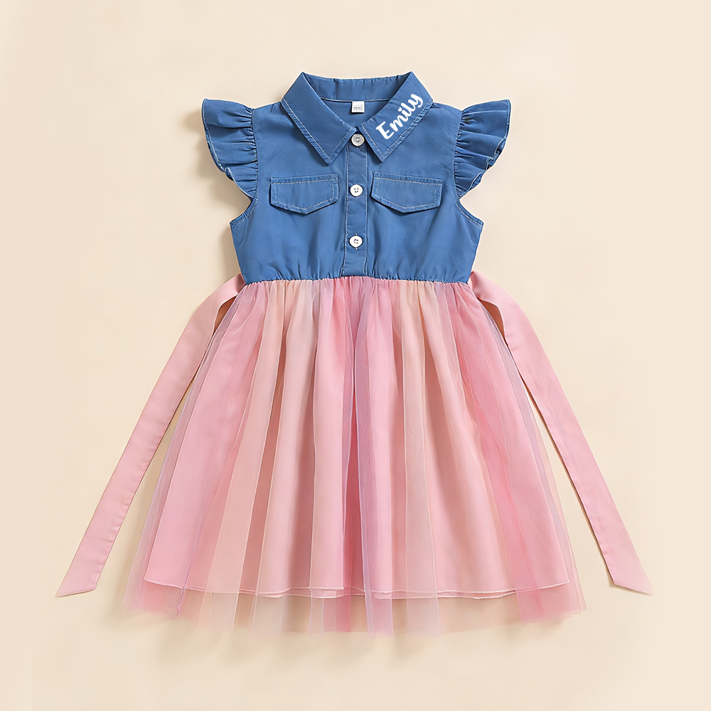 Personalized Girl Ruffle Sleeve Denim and Tulle Dress| Dress90