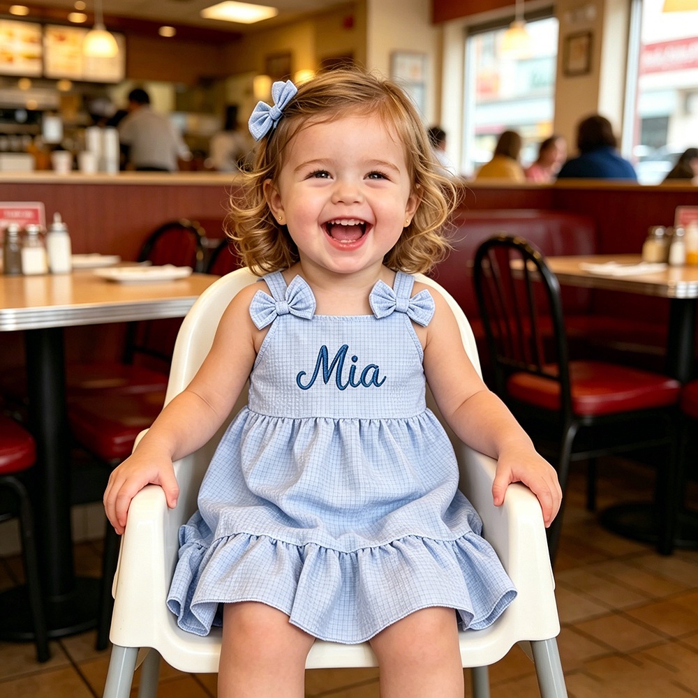 Personalized Girl Embroidered Name Bow Strap Dress| Dress99