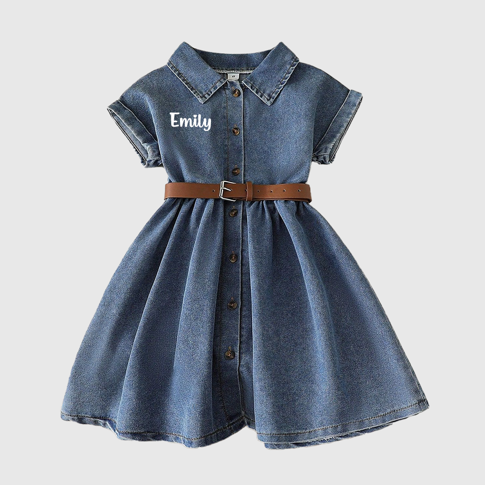 Personalized Girl Vintage Wash Denim Shirtdress with Brown Belt| Dress98