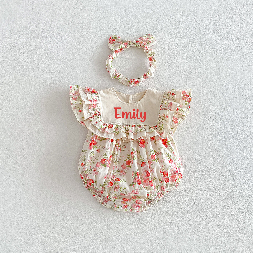 Personalized Girl's Floral Cotton Dress With Headband| Dress113