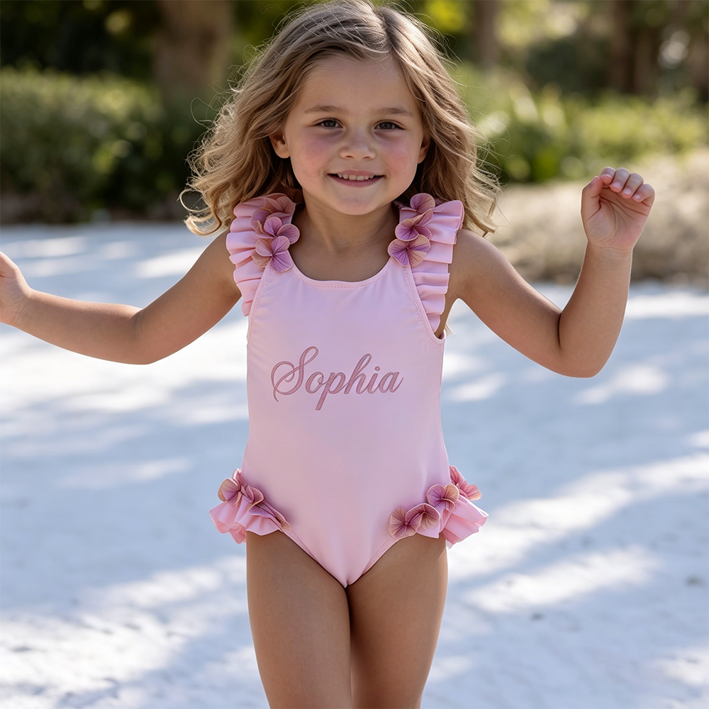 Personalized Girl Embroidered Pink Floral Ruffle One-Piece| Swimsuit08