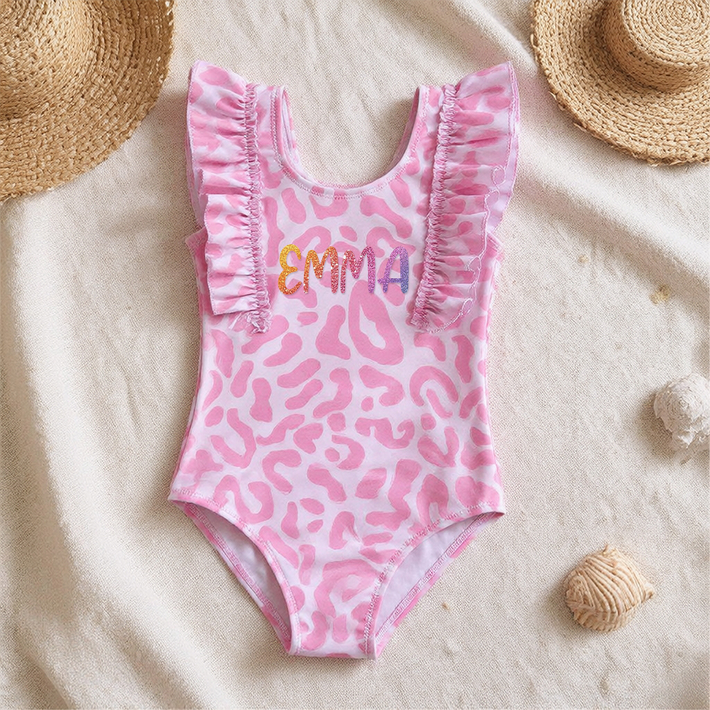 Personalized Girl Pink Leopard Ruffle One-Piece| Swimsuit0901