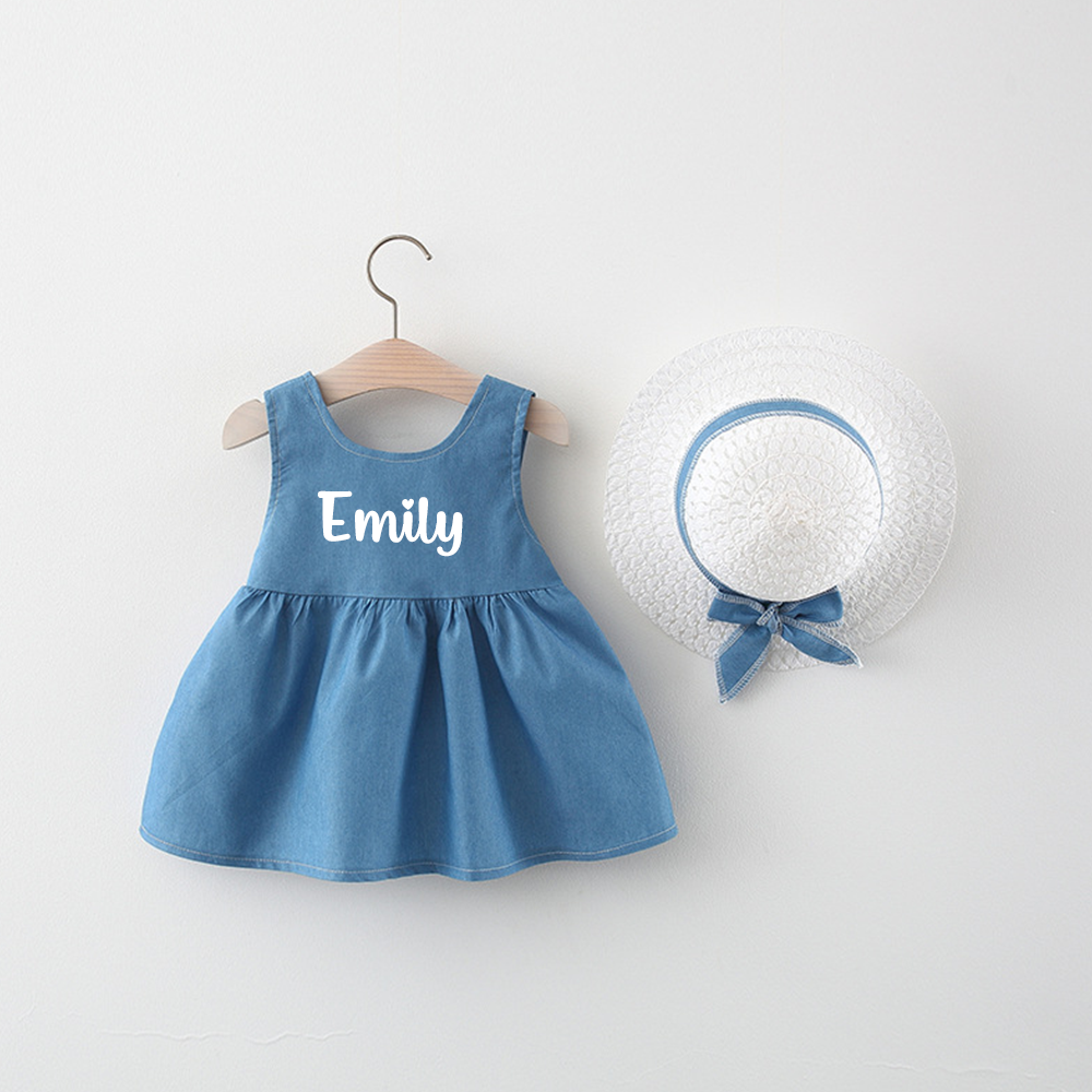 Personalized Girl Denim Dress with Straw Hat| Dress119