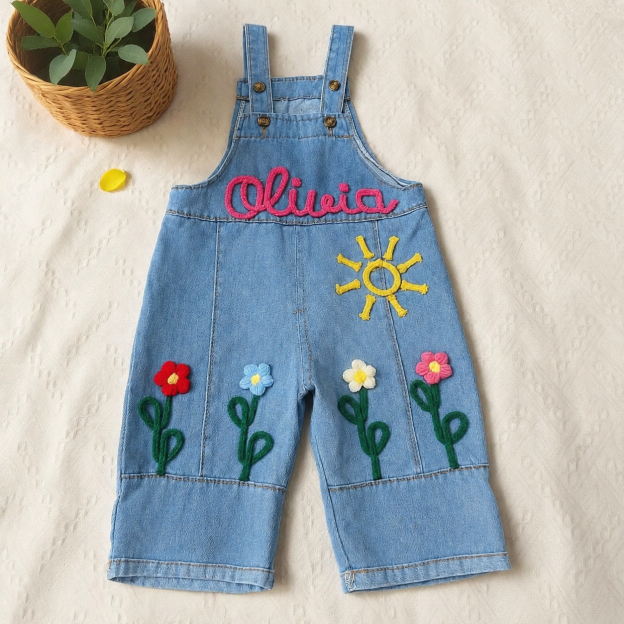 Personalized Kids Embroidered Oversized Denim Overalls| Pants60
