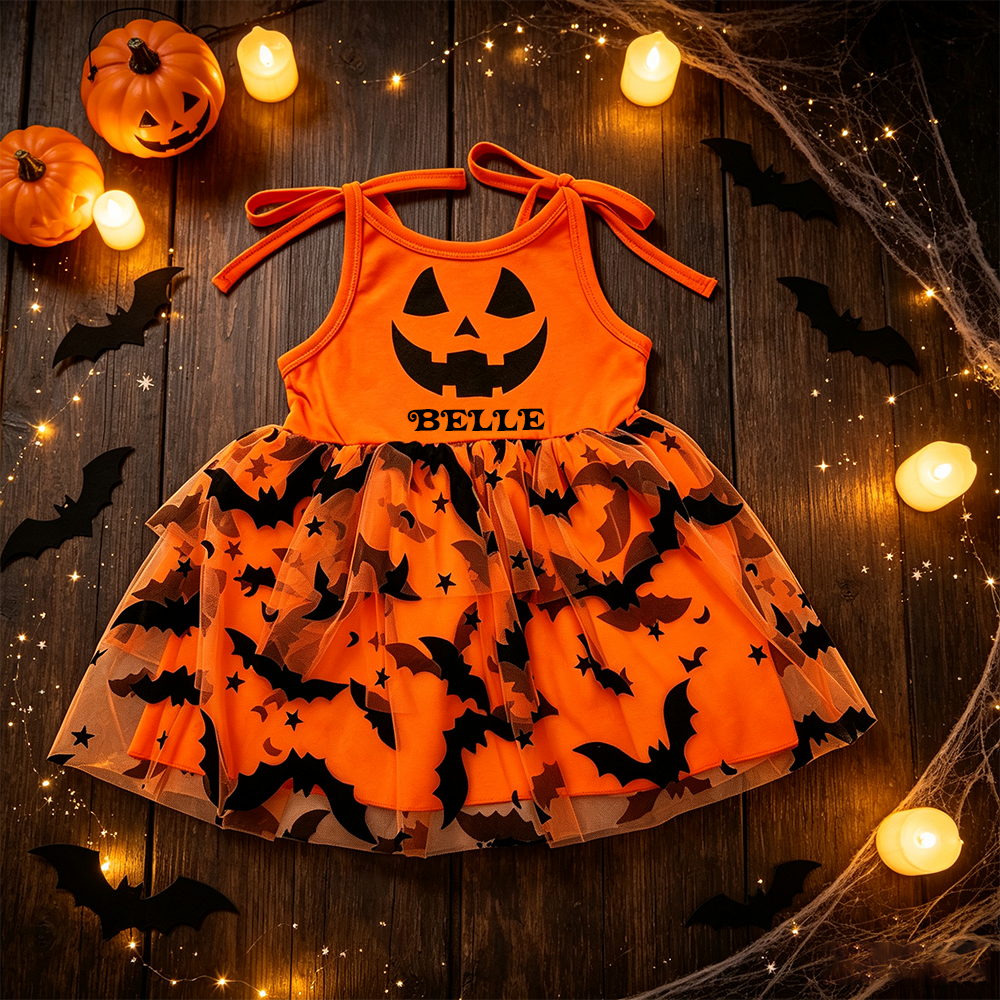 Personalized Girl Halloween Bat Pumpkin Tutu Dress| YESHalloween15