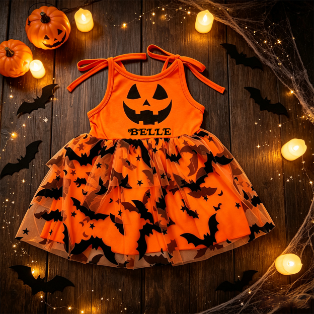 Personalized Girl Halloween Bat Pumpkin Tutu Dress| YESHalloween15