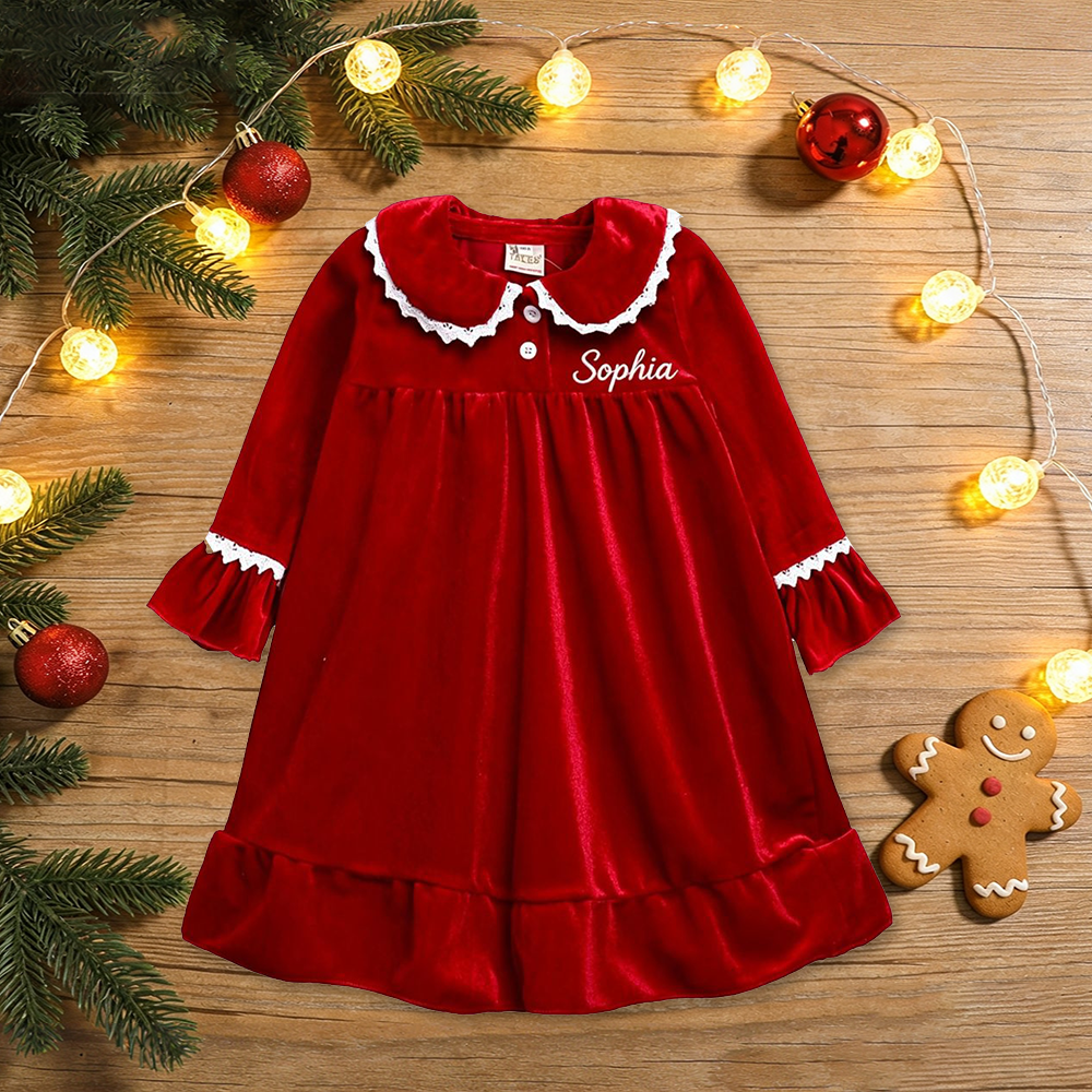 Personalized Girls Red Velvet Christmas Dress| YESMC37