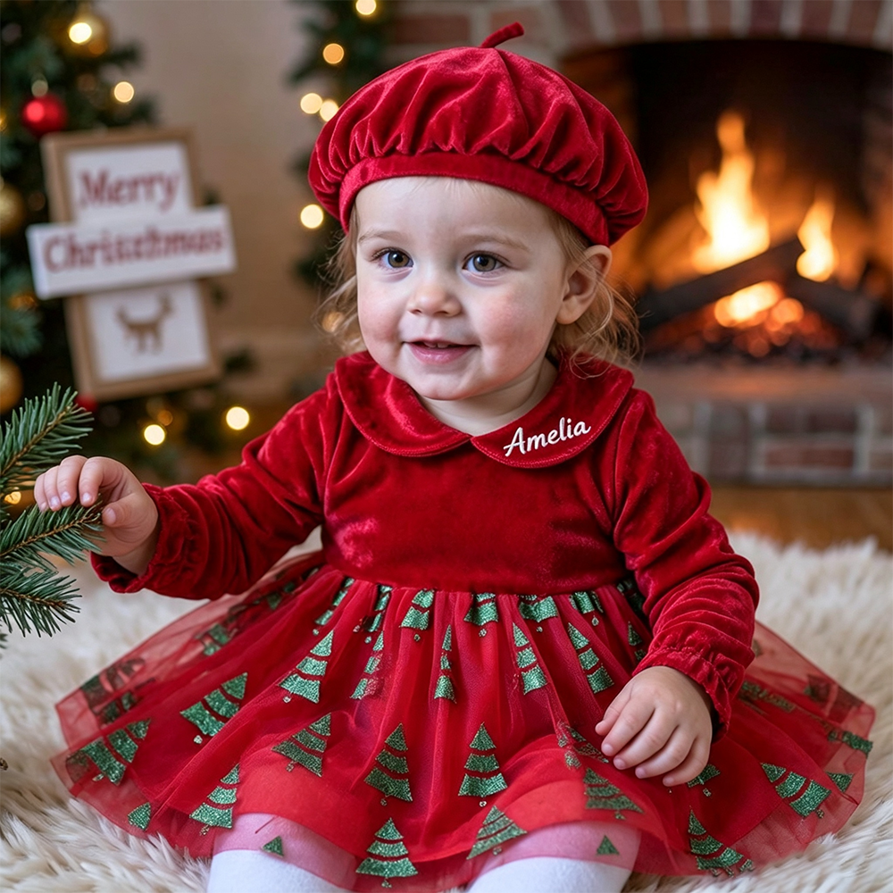 Personalized Girl Velvet Christmas Tree Tutu Dress Set| YESMC38
