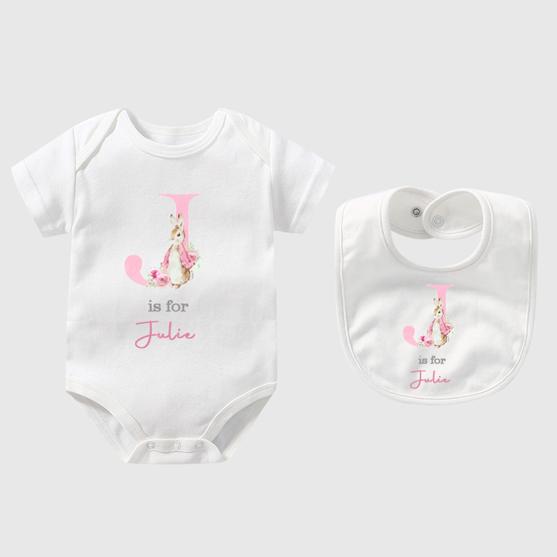 Personalized Pink Rabbit Initial Baby Sleepsuit| BBCloth08