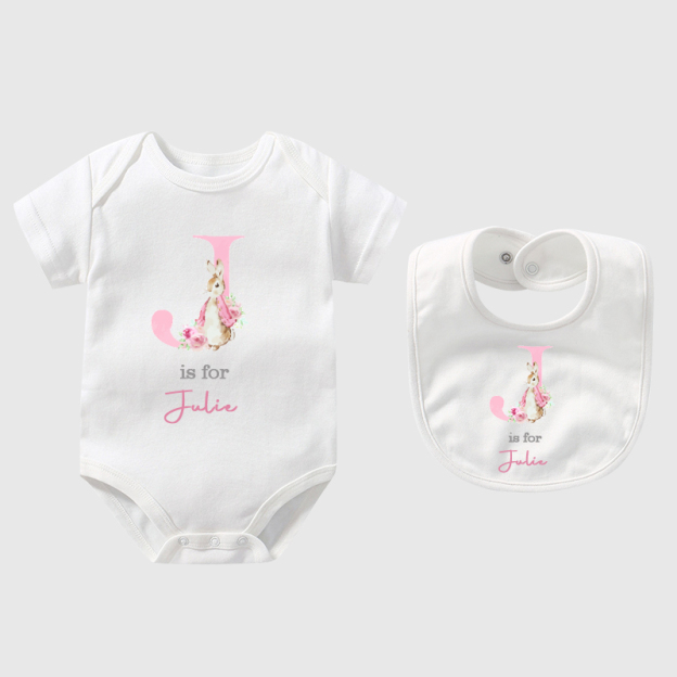 Personalized Pink Rabbit Initial Baby Sleepsuit| BBCloth08
