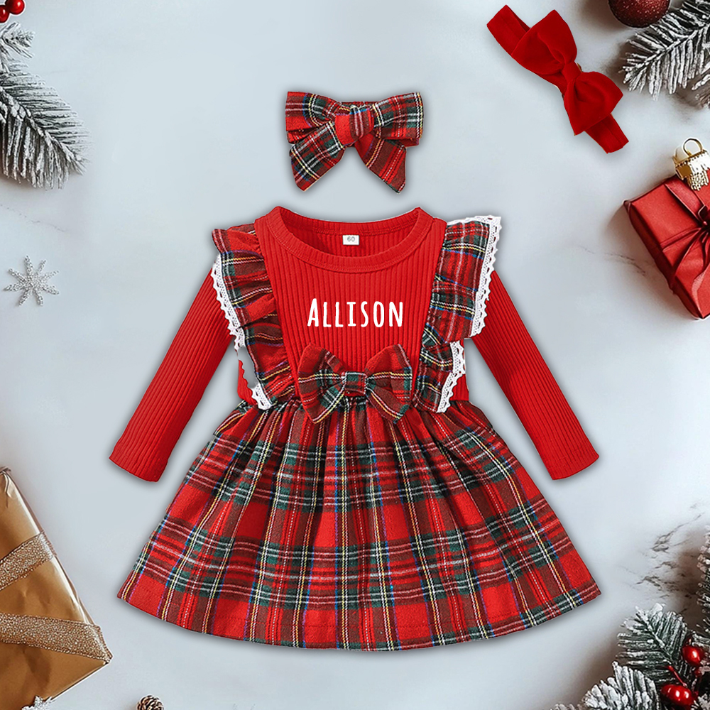 Personalized Girl Christmas Baby Plaid Dress|YESMC13