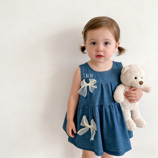 Personalized Girl Summer Bow Sleeveless Denim Dress| Dress71