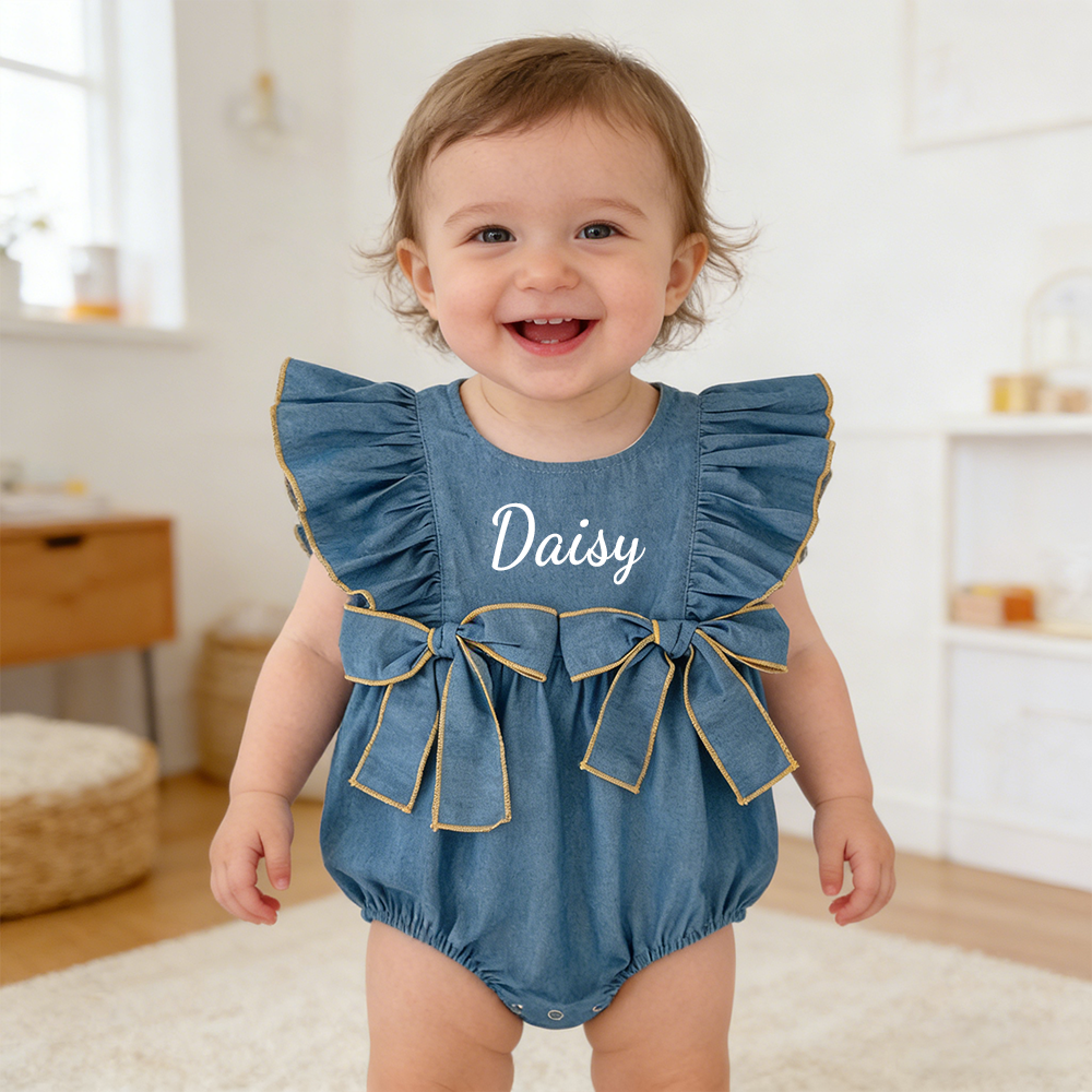 Personalized Baby Girl Ruffle Shoulder Denim Romper| BBcloth123
