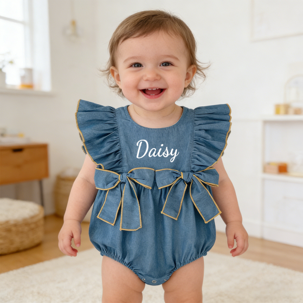 Personalized Baby Girl Ruffle Shoulder Denim Romper| BBcloth123