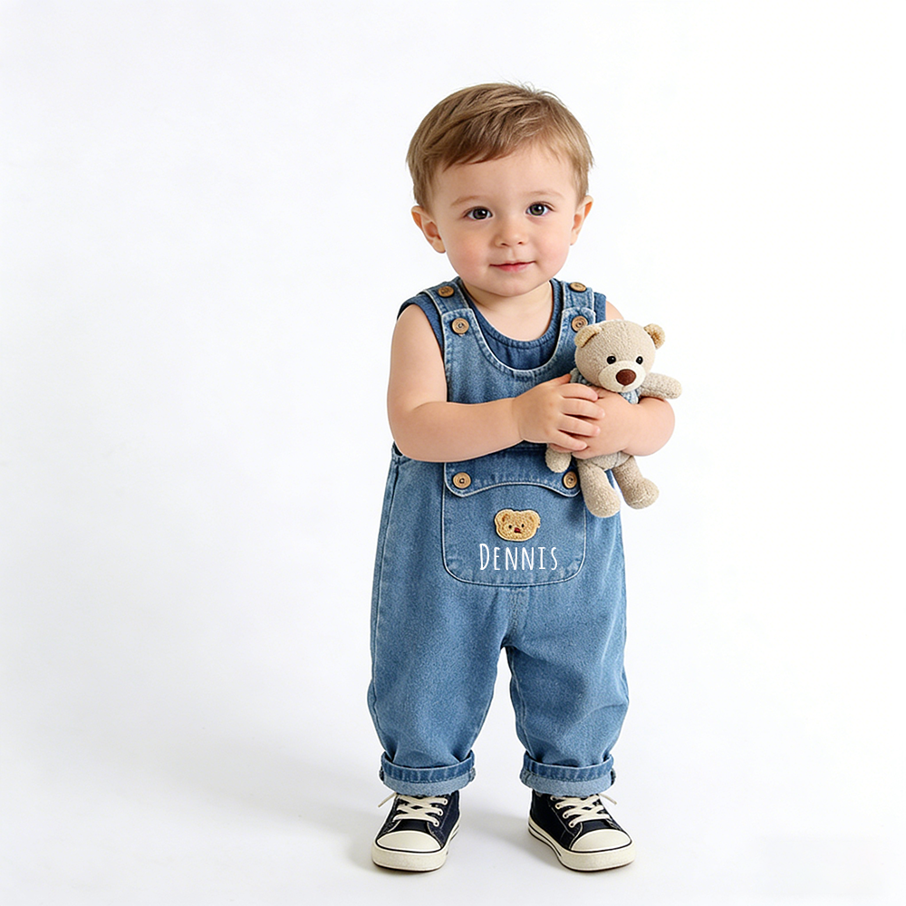 Personalized Kids Bear Patch Denim Overalls Set| Pants46