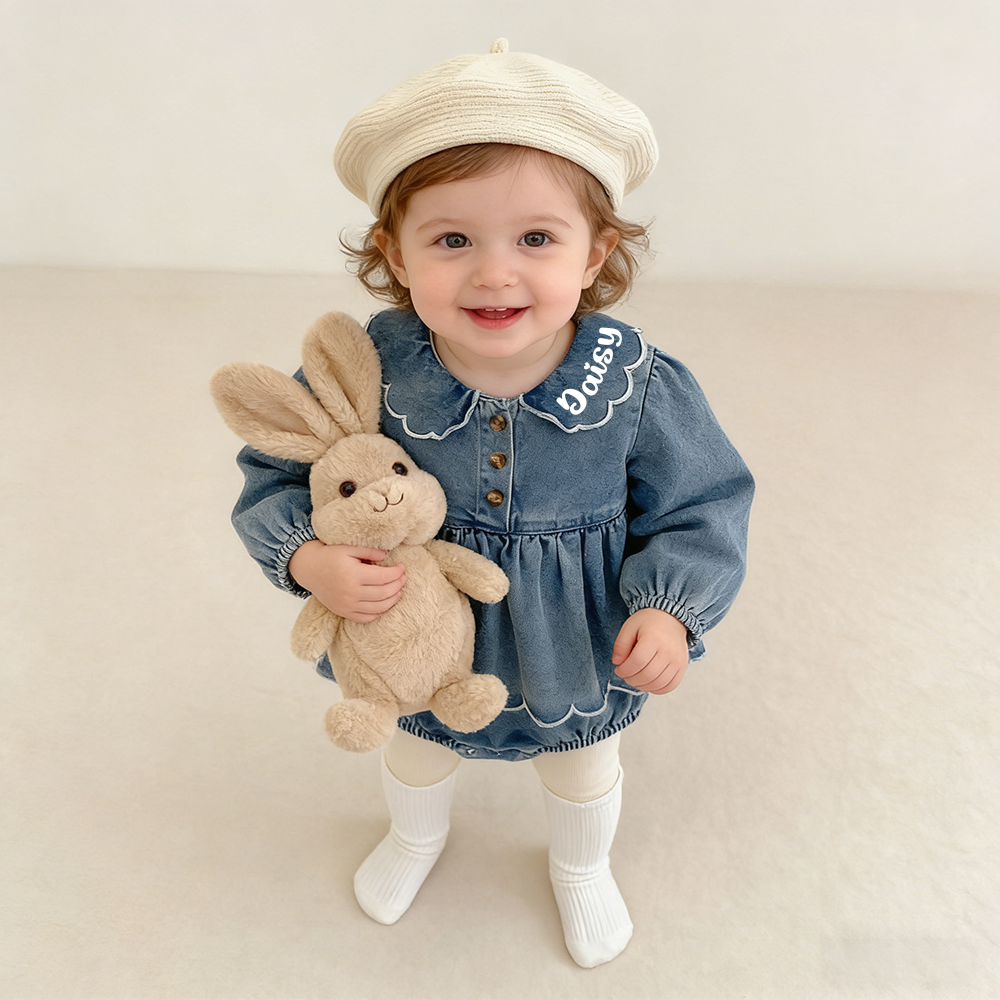 Personalized Baby Girl Ruffled Denim Bubble Romper| BBcloth130