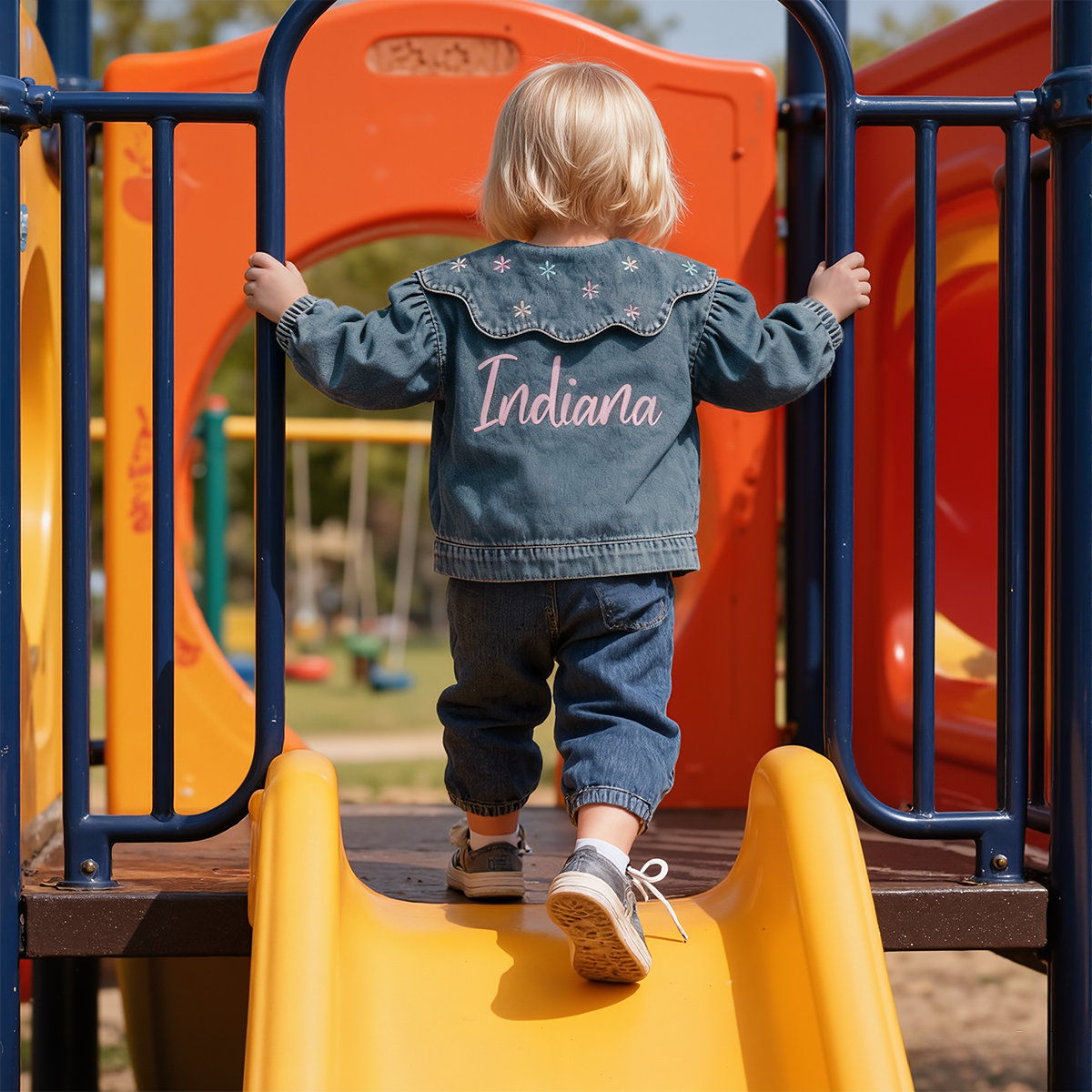 Personalized Embroidery Lovely Bubble Sleeves Denim Jacket | CWBaby340