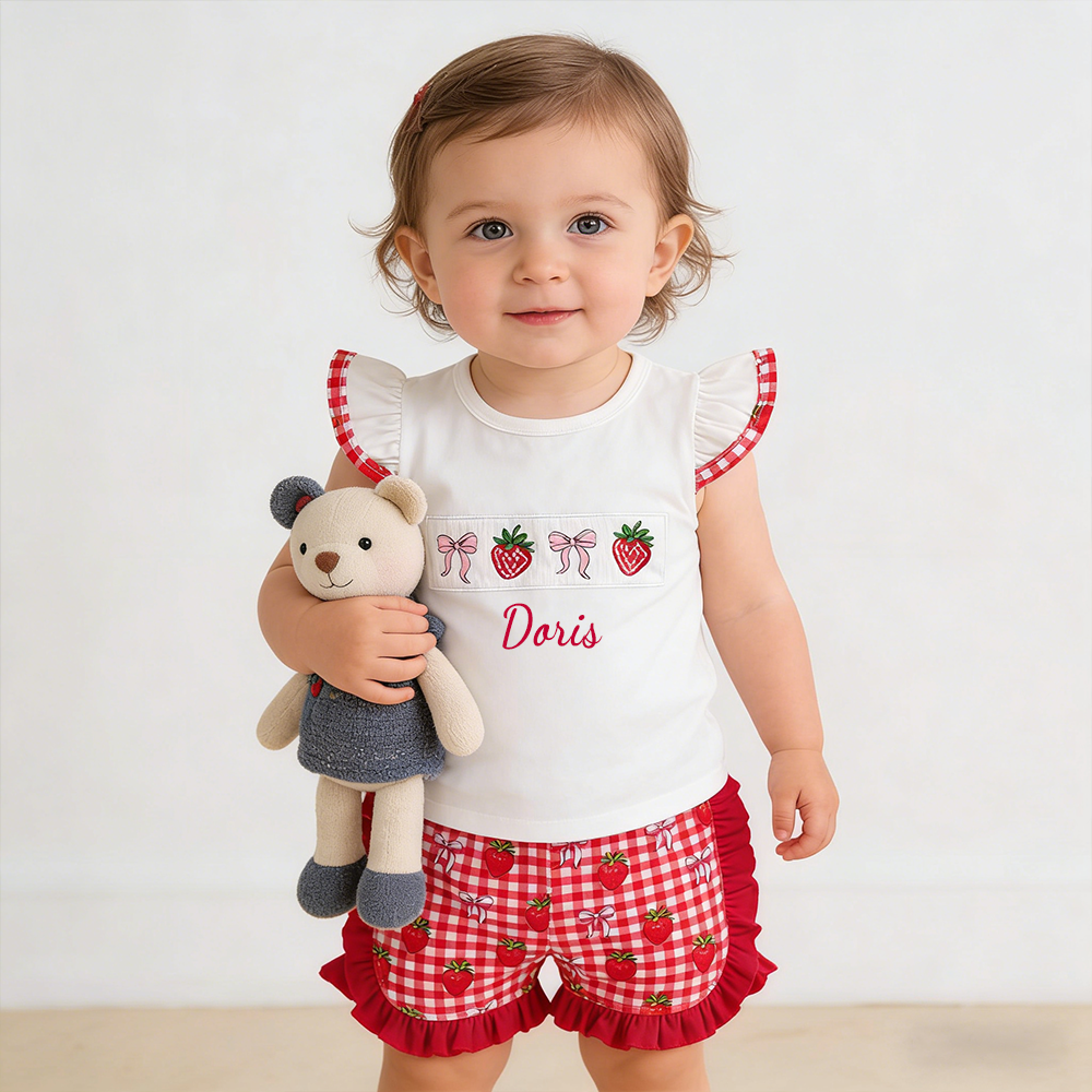 Personalized Girl Strawberry Ruffle Sleeve Top & Shorts Set| Cloth273