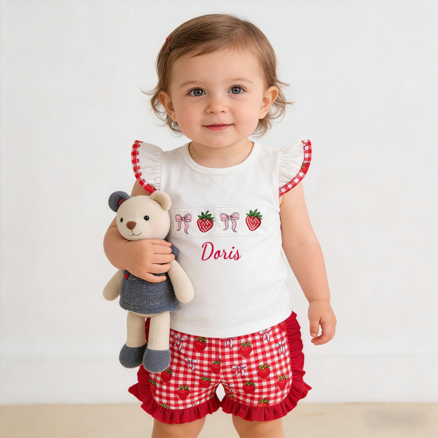 Personalized Girl Strawberry Ruffle Sleeve Top & Shorts Set| Cloth273
