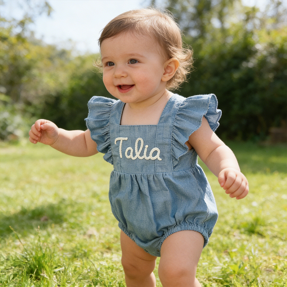 Personalized Baby Gril Embroidered Linen Romper| BBcloth131