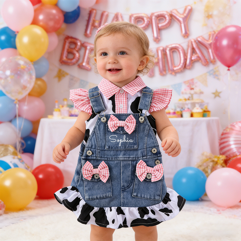 Personalized Baby Girl Cow Print Denim Overall Dress Set| BBcloth132