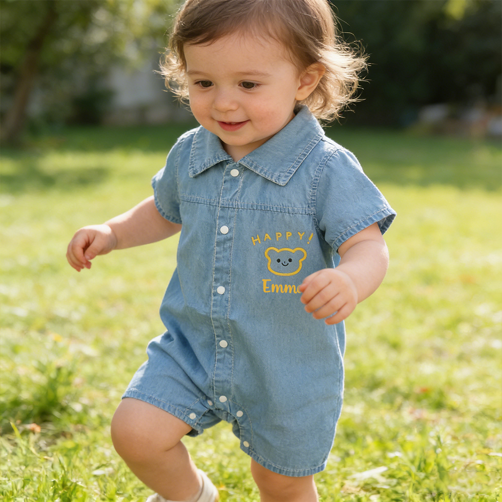Personalized Baby Bear Print Denim Romper| BBcloth133