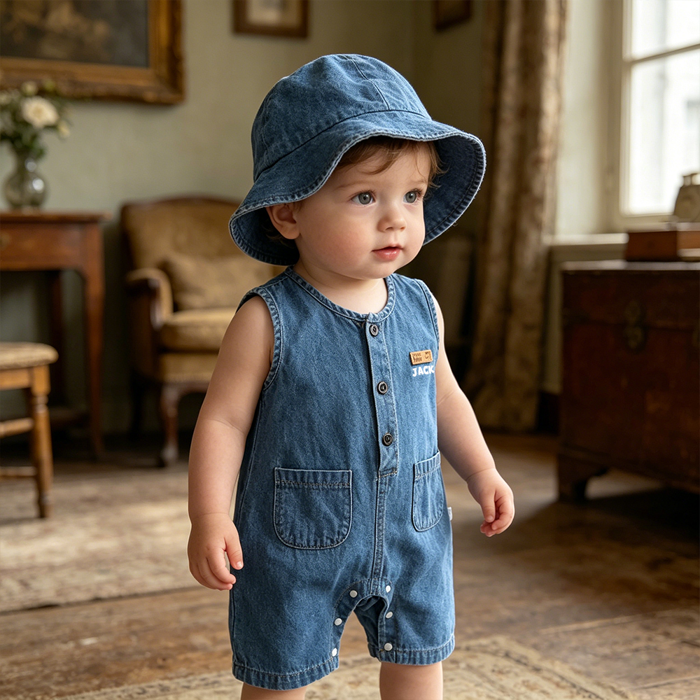Personalized Baby Denim Jumpsuit & Sun Hat Set| Pants56