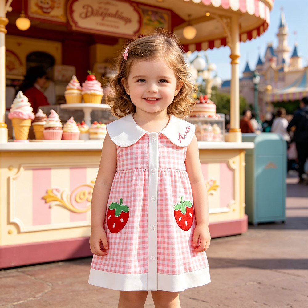 Personalized Girl Check Strawberry Sleeveless Summer Dress| Dress94