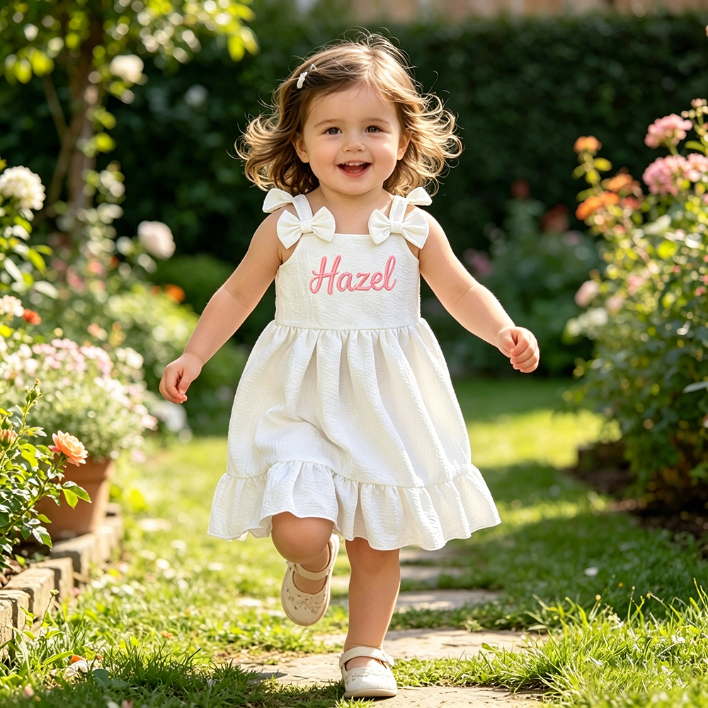 Personalized Girl Embroidered Name Bow Strap Dress| Dress99